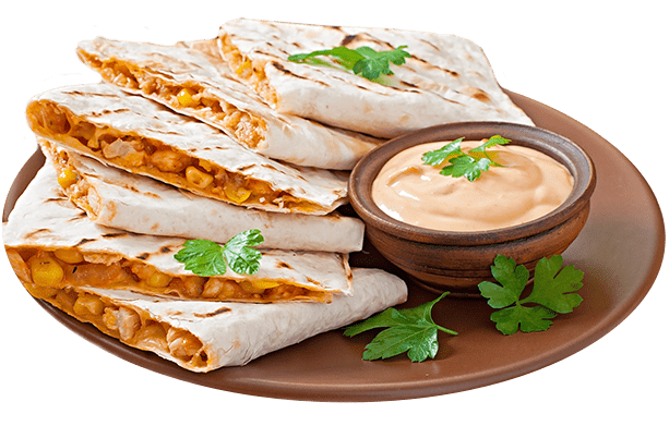Mexican Quesadilla Sliced With Vegetables Sauces Table